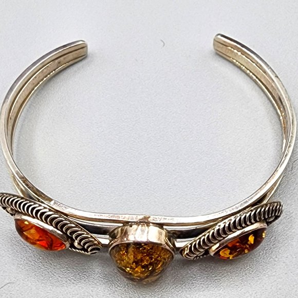 Vintage Navajo Signed Baltic Amber Three Stone Handmade Sterling Silver Bracelet - Picture 7 of 11